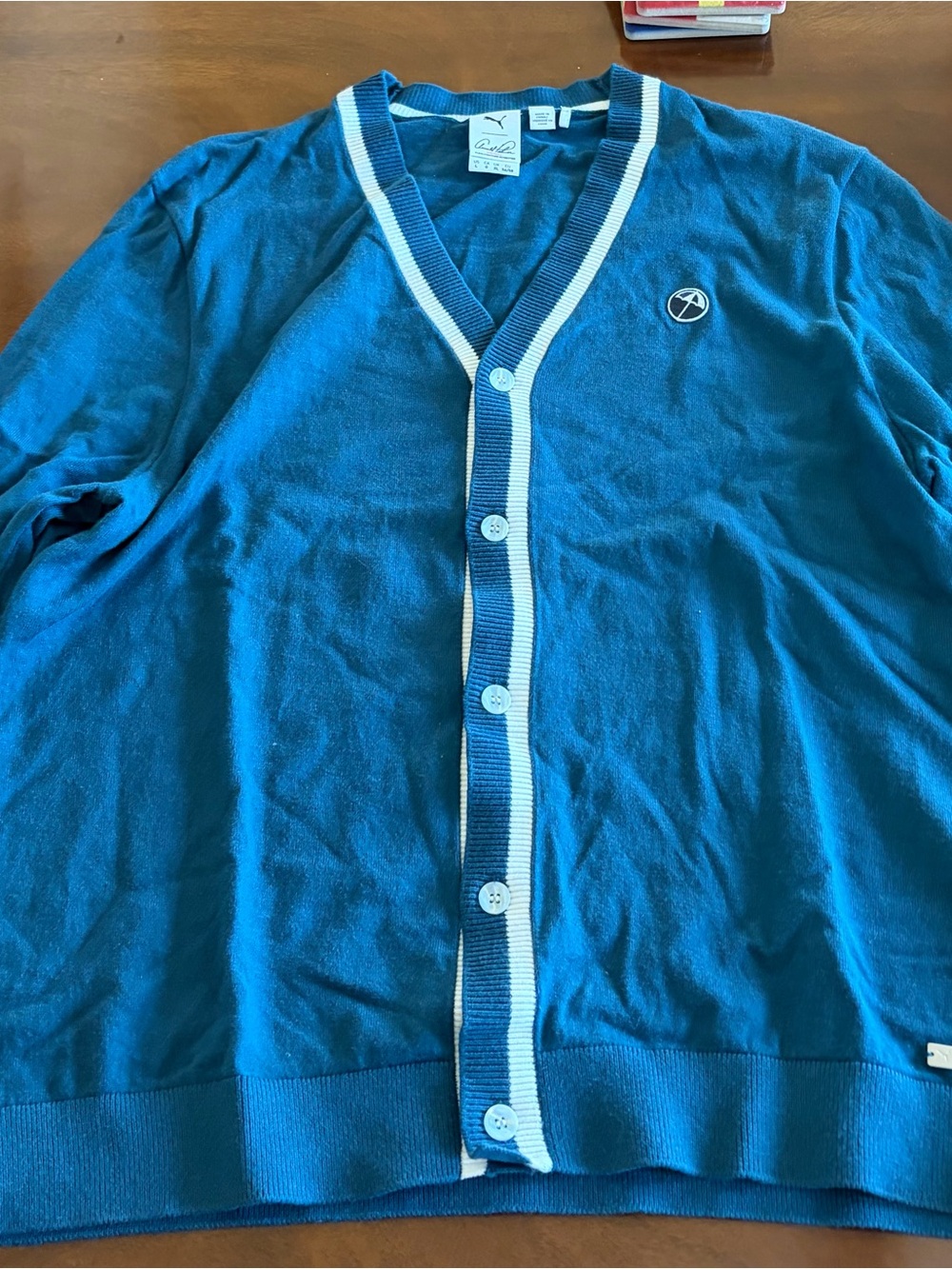 Arnold Palmer Puma Teal Cardigan with White Trim